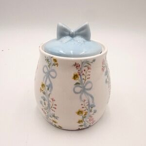 Floral Ribbon Ceramic Sugar Bowl Blue Bow Lid 8oz Coquette NEW